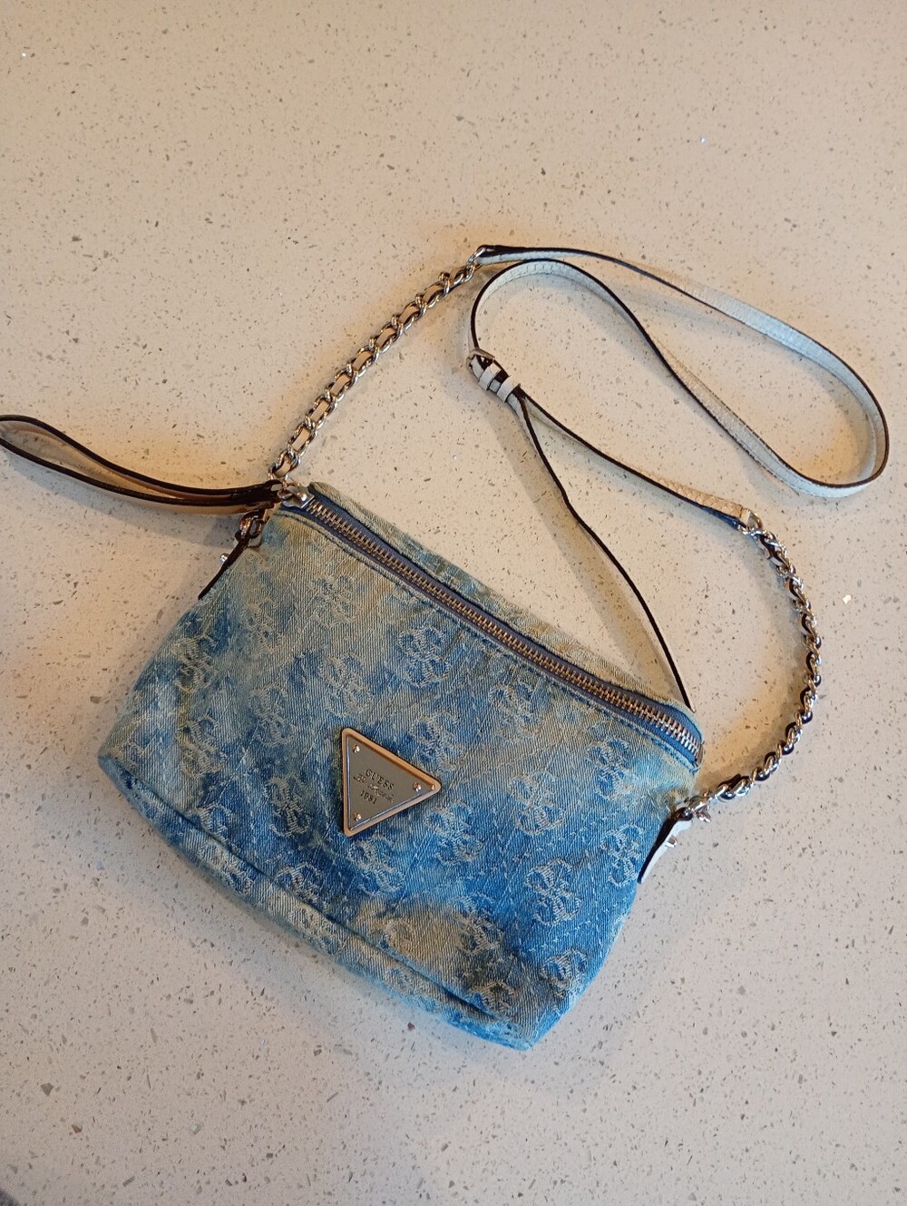 GUESS Y2K Faded Blue Denim Triangle Silver Logo Crossbody Bag